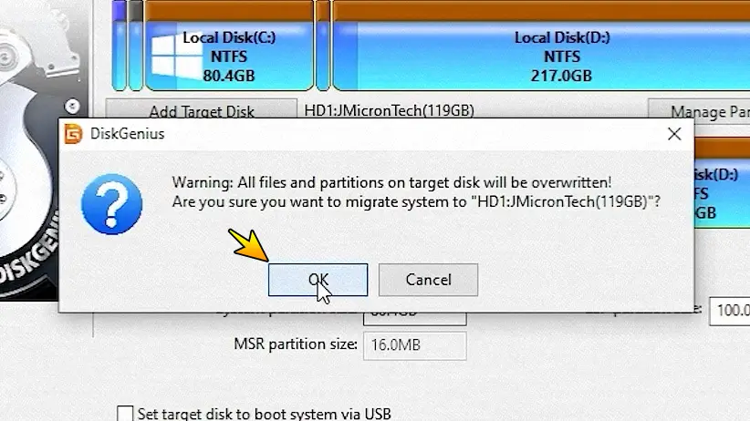 DiskGenius warning that all data on the SSD will be erased