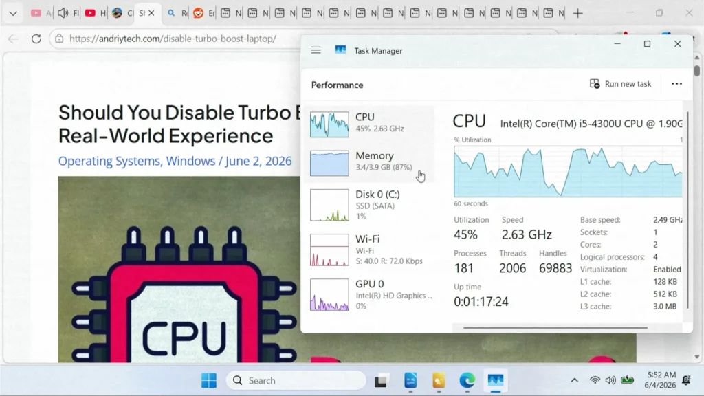 Multitasking performance test on ThinkPad X240 running Windows 11