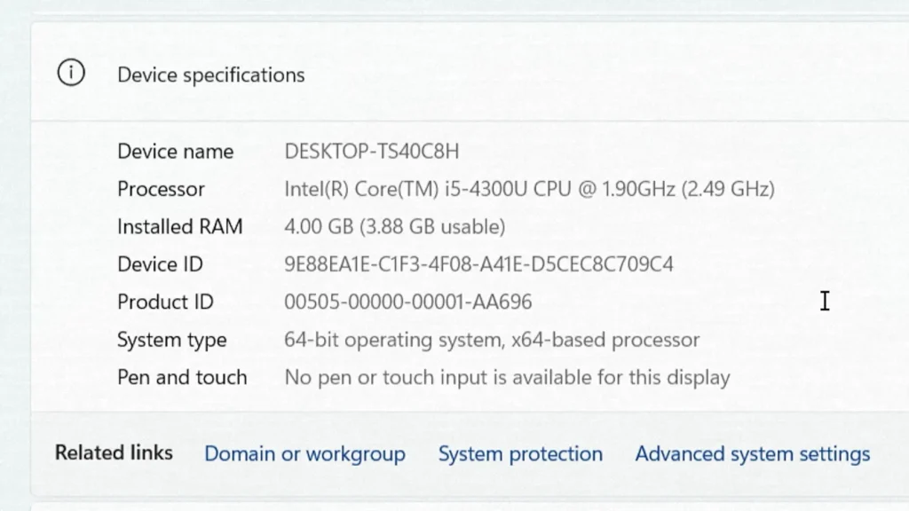 Lenovo ThinkPad X240 hardware specifications running Windows 11