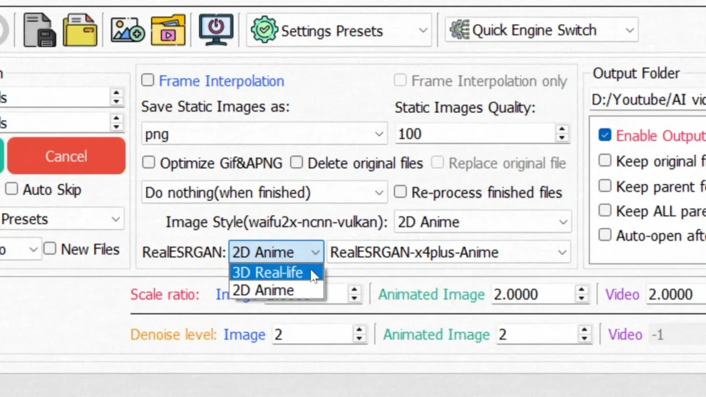 Selecting the 3D Real-Life mode in Waifu2x Extension GUI for real-world video upscaling