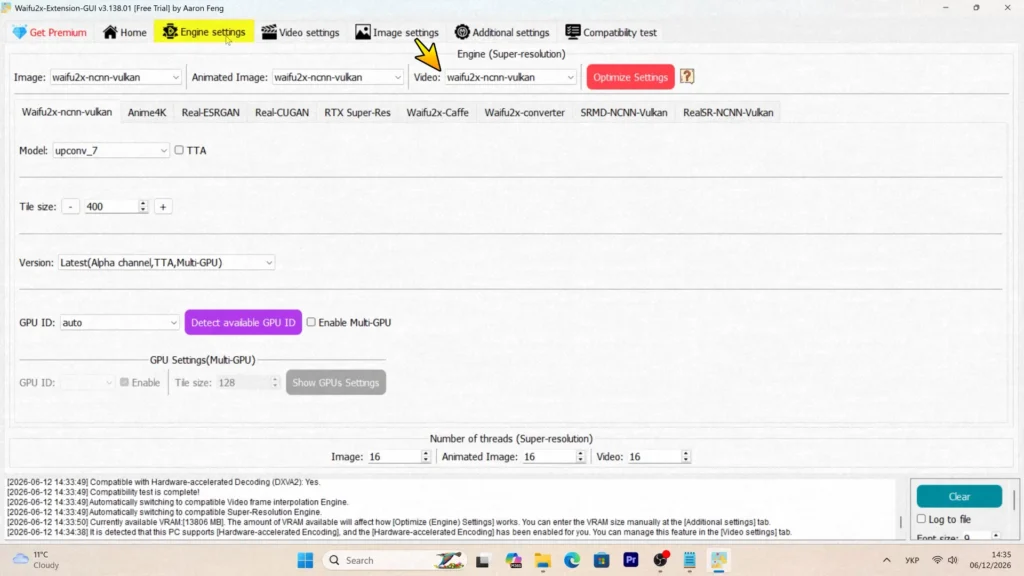 Waifu2x Extension GUI engine settings tab