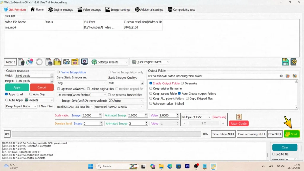Waifu2x Extension GUI ready to start video upscaling