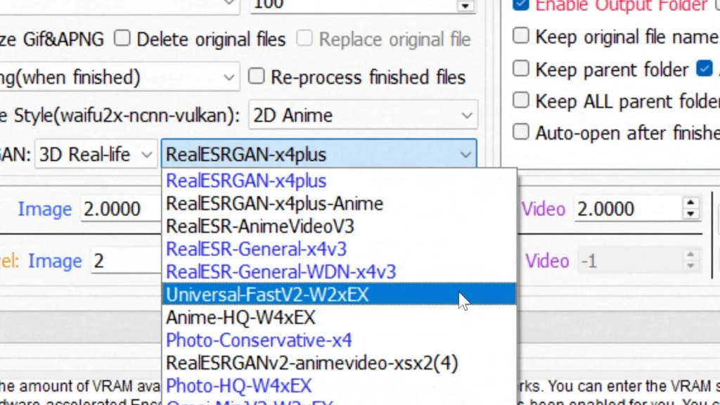 Selecting Universal FastV2 W2xEX model in Waifu2x Extension GUI