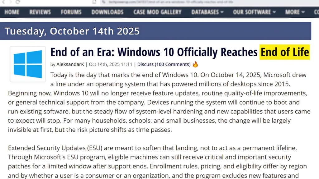 Windows 10 end of support announcement