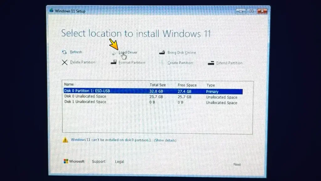 Load Driver option in Windows 11 setup when SSD is not detected