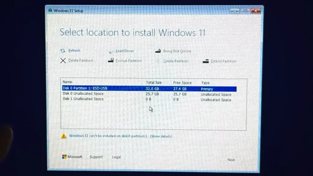 Windows 11 setup showing no detected NVMe SSD during installation