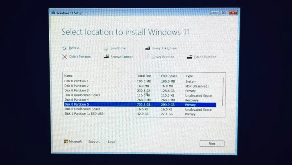 Windows 11 setup detecting the NVMe SSD successfully