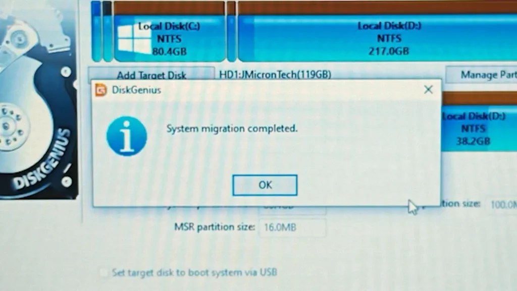 DiskGenius system migration completed successfully