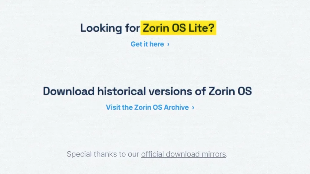 Zorin OS Lite download option for older computers