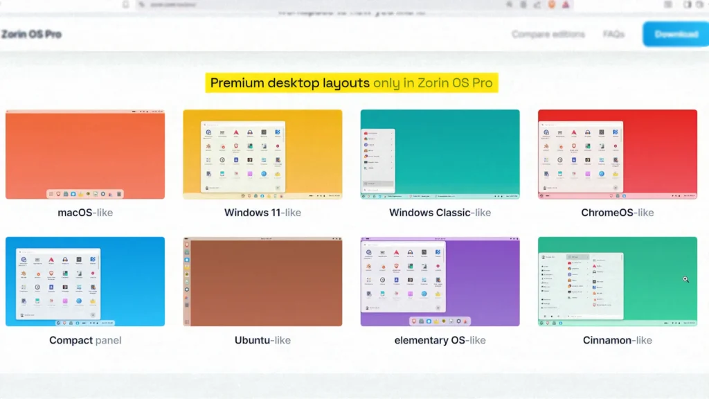 Zorin OS Pro premium desktop layouts including Windows 11, macOS, ChromeOS, Ubuntu, and Cinnamon styles