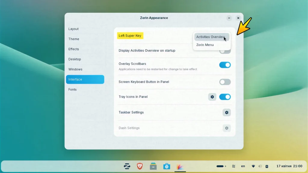 Zorin OS Pro Super Key settings allowing users to choose between Activities Overview and Zorin Menu