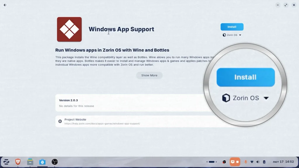 Windows App Support tool in Zorin OS