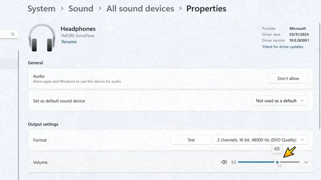 Adjusting the volume of Bluetooth headphones in Windows 11 sound device properties