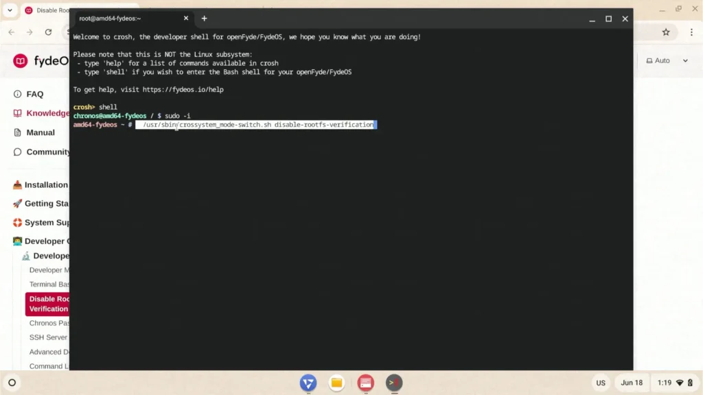 Disabling RootFS verification in the FydeOS terminal