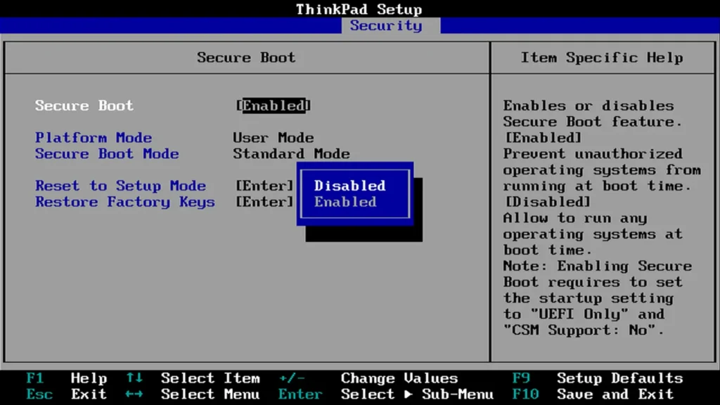 Disabling Secure Boot in BIOS before installing FydeOS