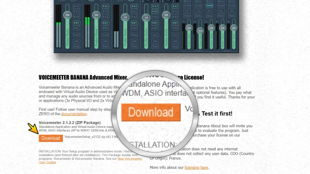 Voicemeeter Banana download button on the official VB-Audio website