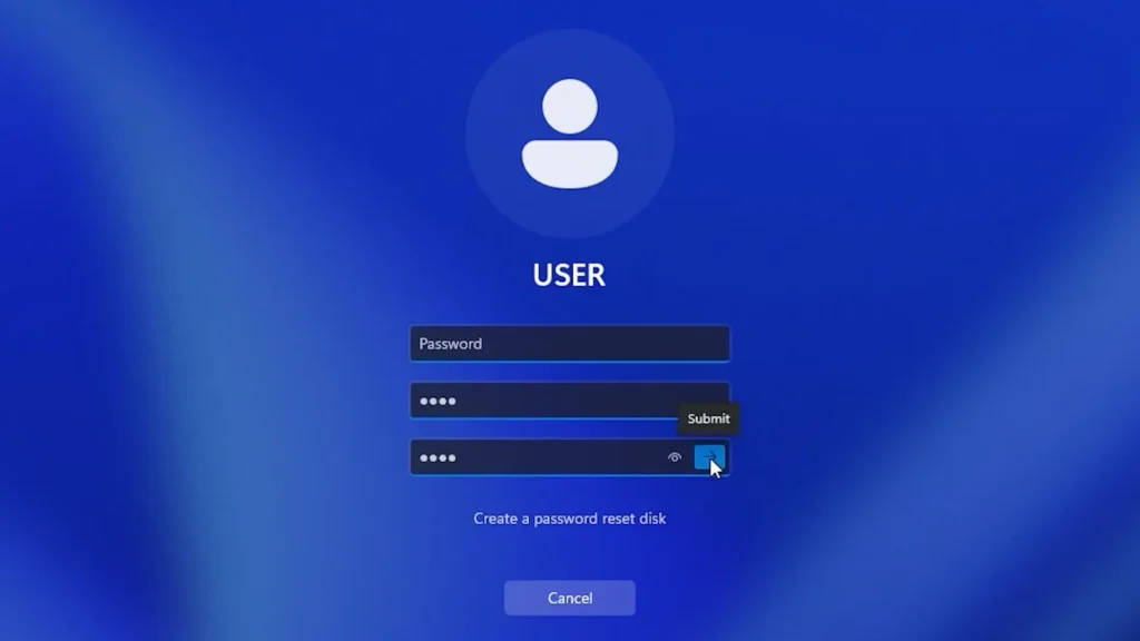 New Windows password entered in the new password and confirm password fields