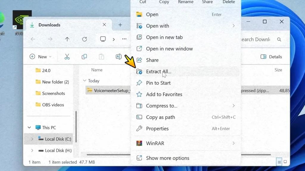 Extract All option for the Voicemeeter Banana ZIP file in Windows 11