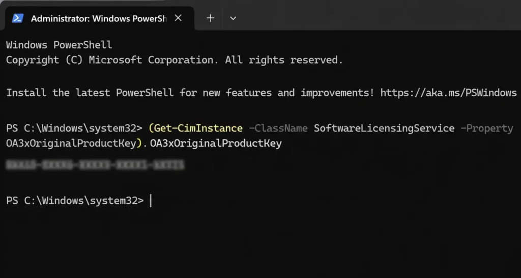 PowerShell command used to find a Windows product key
