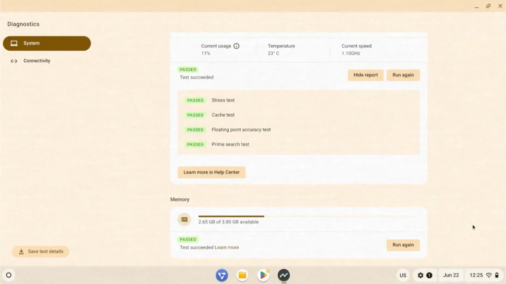 FydeOS built-in diagnostics successfully completed