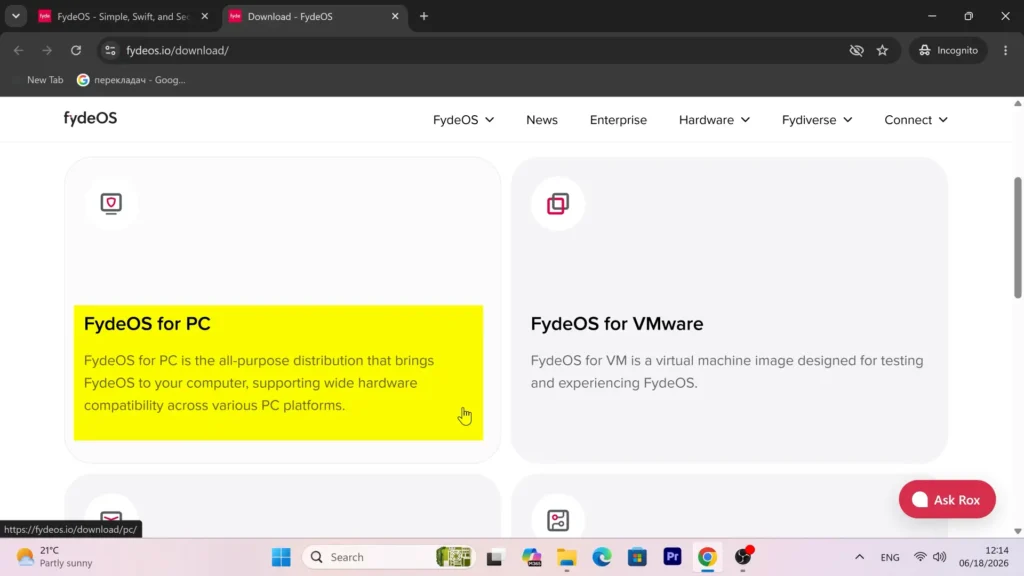 Selecting the FydeOS for PC download on the official website