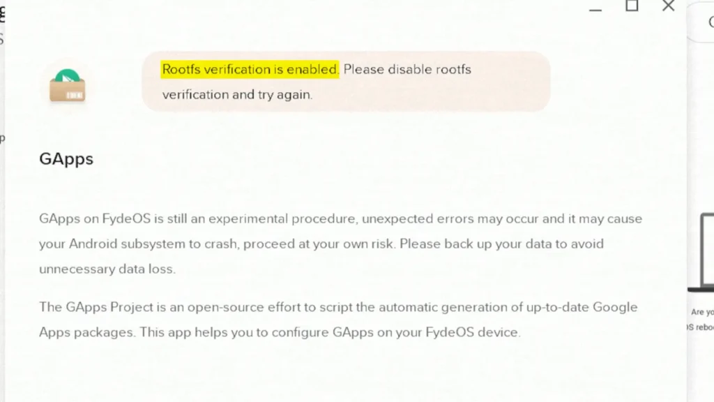 Rootfs verification error while installing Google Play Store in FydeOS