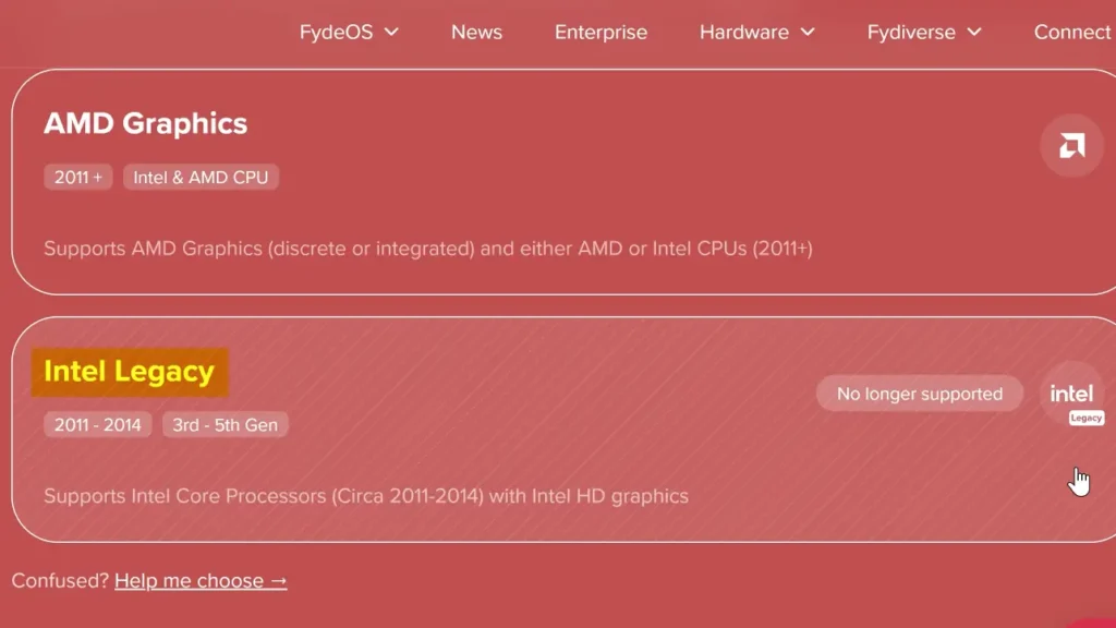 FydeOS Intel Legacy download option for older Intel laptops