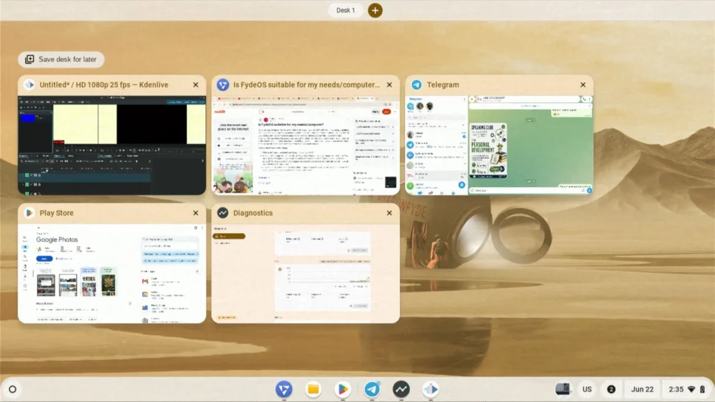 FydeOS multitasking test with Kdenlive, Telegram, Chrome and Play Store running simultaneously