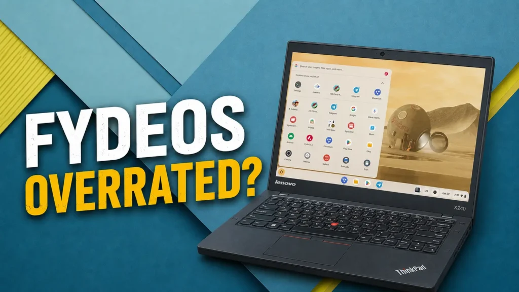 FydeOS desktop running on a Lenovo ThinkPad X240 old laptop.