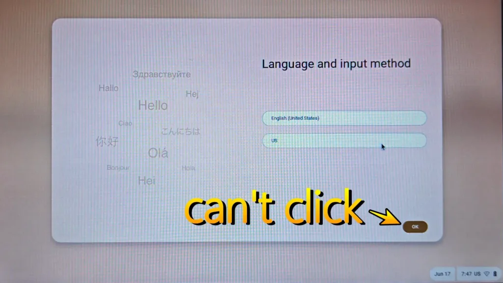 FydeOS setup bug where the OK button cannot be clicked until pressing the Esc key