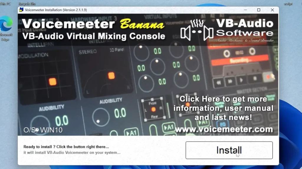 Voicemeeter Banana installer with the Install button on Windows 11