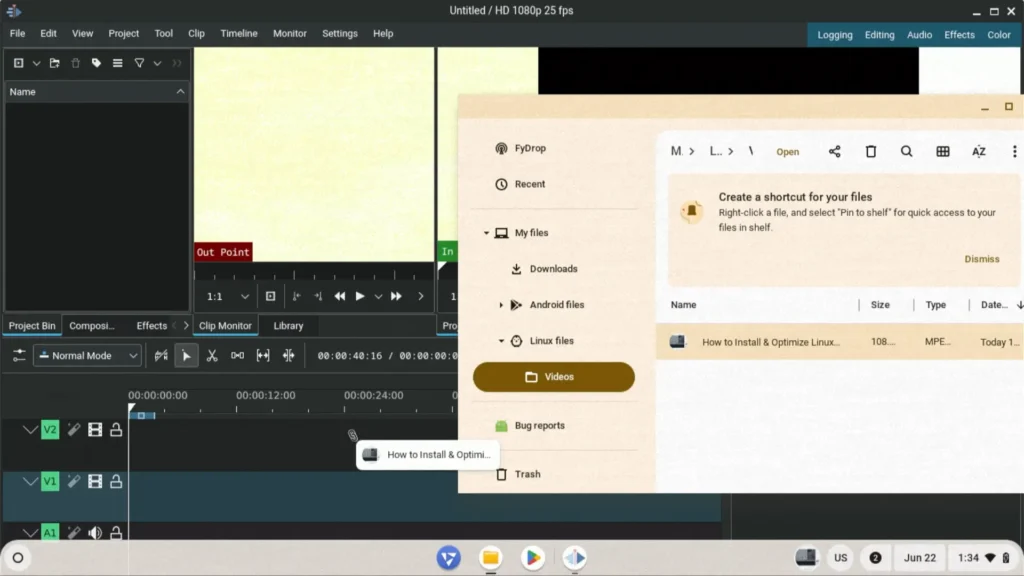 Running Kdenlive in the FydeOS Linux environment