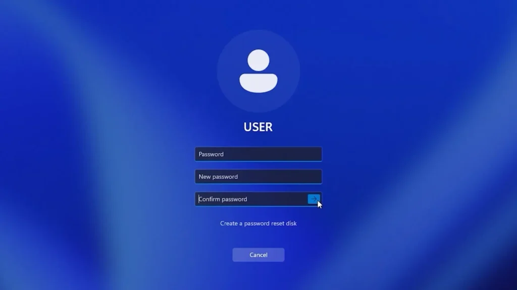 Windows password change screen with the current password field left empty