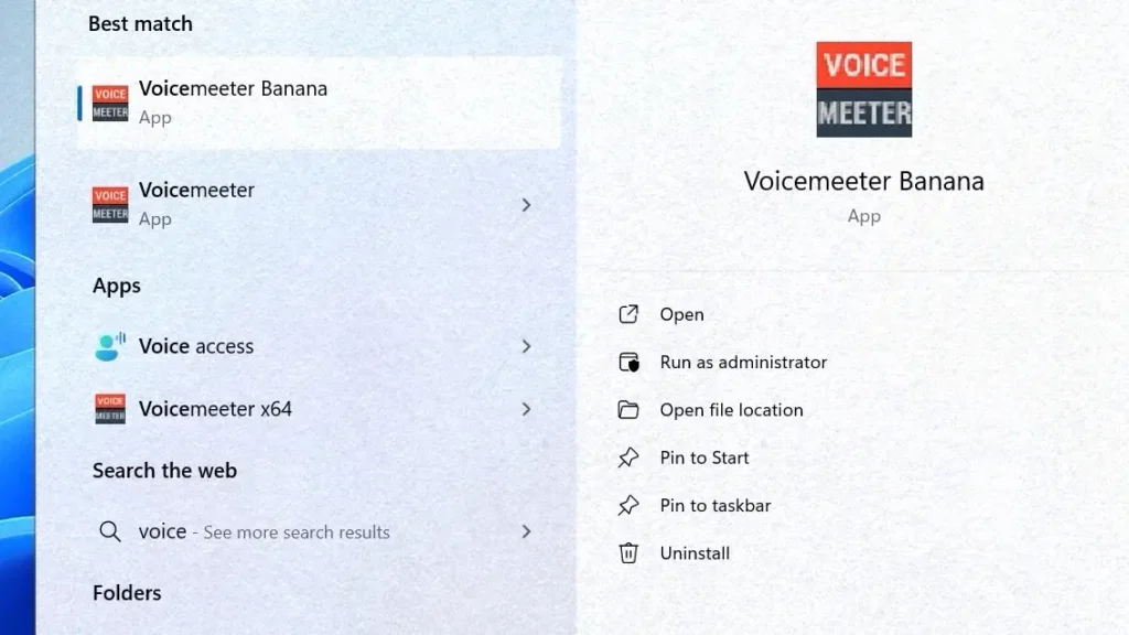 Voicemeeter Banana app shown in the Windows 11 Start menu search