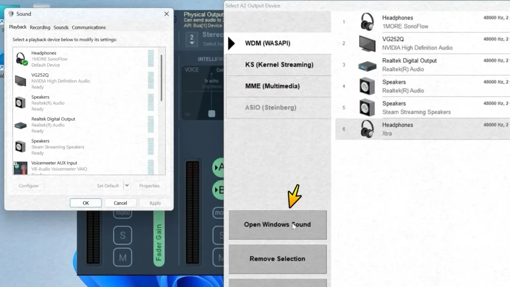 Open Windows Sound button in the Voicemeeter Banana output device menu