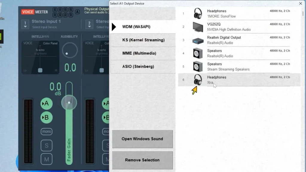 Selecting the first Bluetooth headphones as the A1 output in Voicemeeter Banana