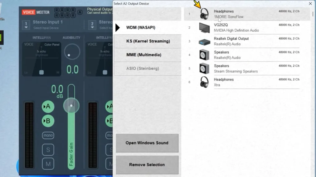 Selecting the second Bluetooth headphones as the A2 output in Voicemeeter Banana