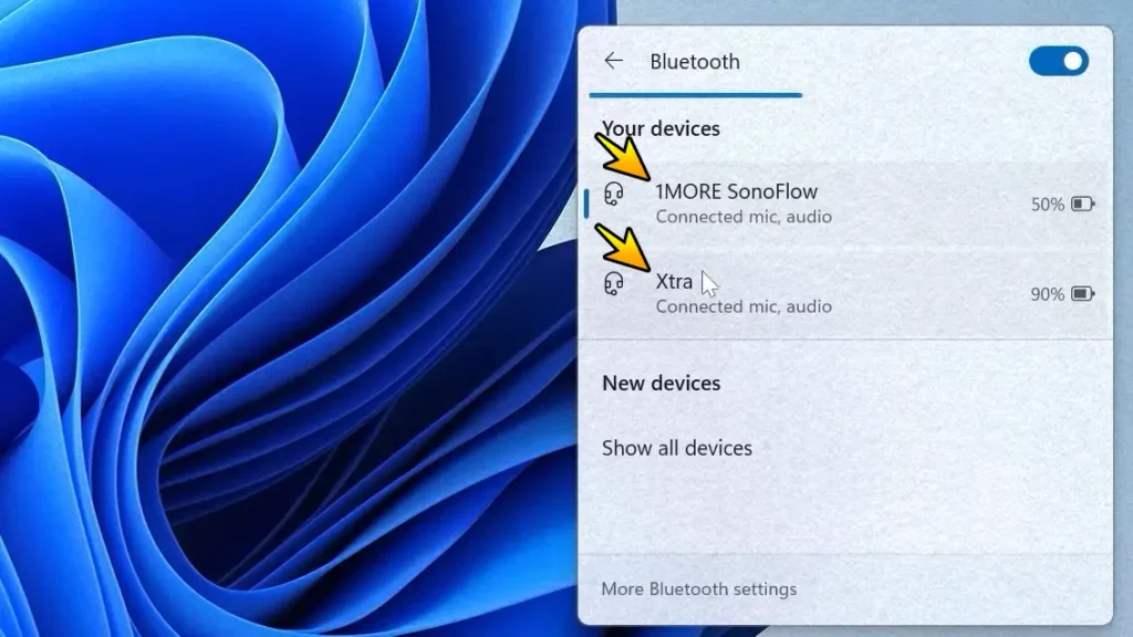 Two Bluetooth headphones connected simultaneously in Windows 11 settings