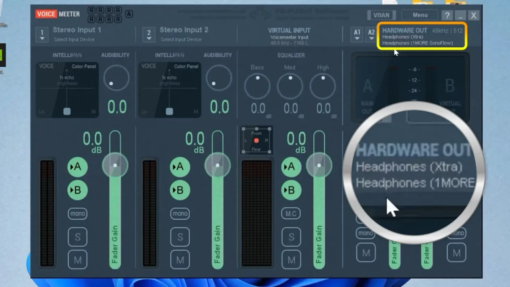 Two Bluetooth headphones selected in the Voicemeeter Banana Hardware Out section