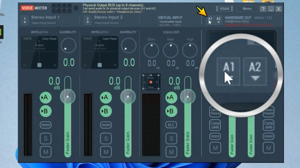 A1 and A2 hardware output buttons in Voicemeeter Banana
