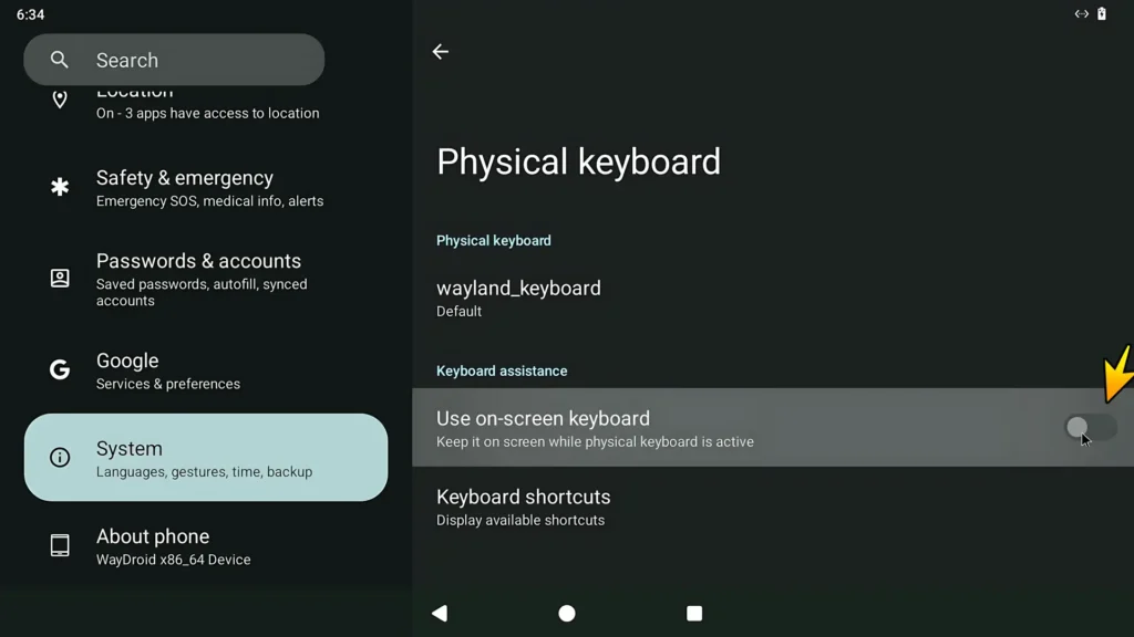 Disabling the on-screen keyboard in Waydroid settings