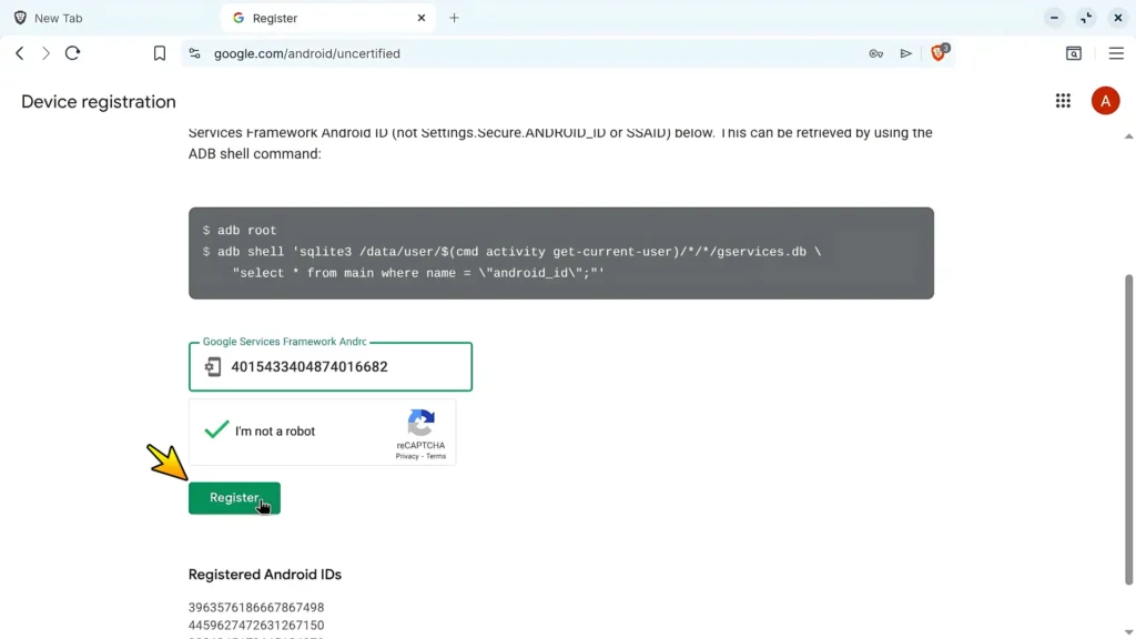 Registering the Google Services Framework ID for Google Play certification