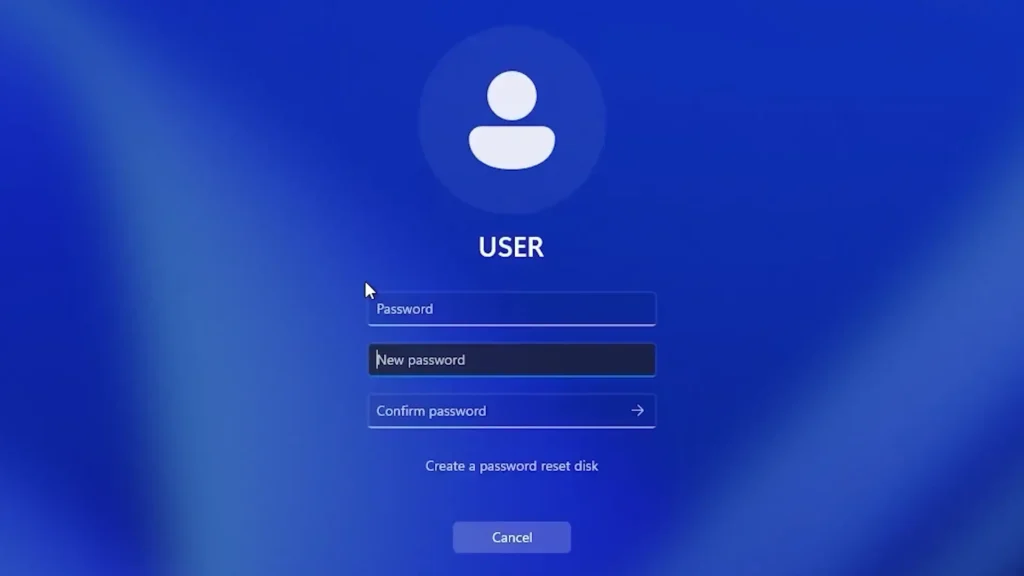 Windows password change screen with current password, new password, and confirm password fields