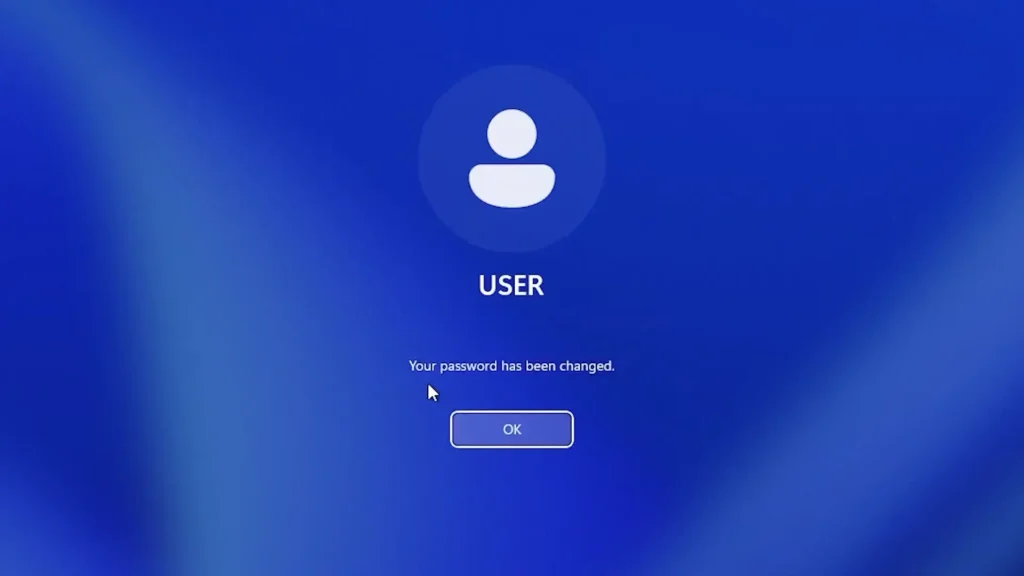Windows confirmation message showing that the password has been changed
