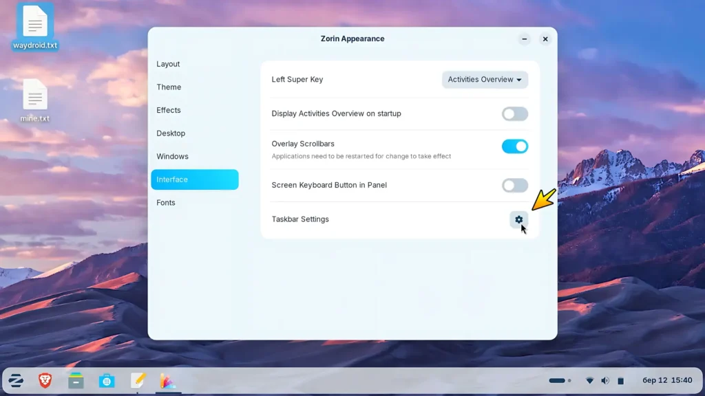 Opening taskbar settings in Zorin Appearance