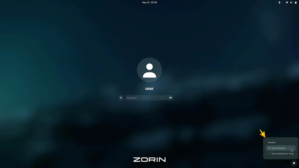 Selecting the Wayland session on the Zorin OS login screen