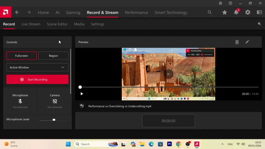 AMD Adrenalin gameplay recording interface on RX 9070 XT