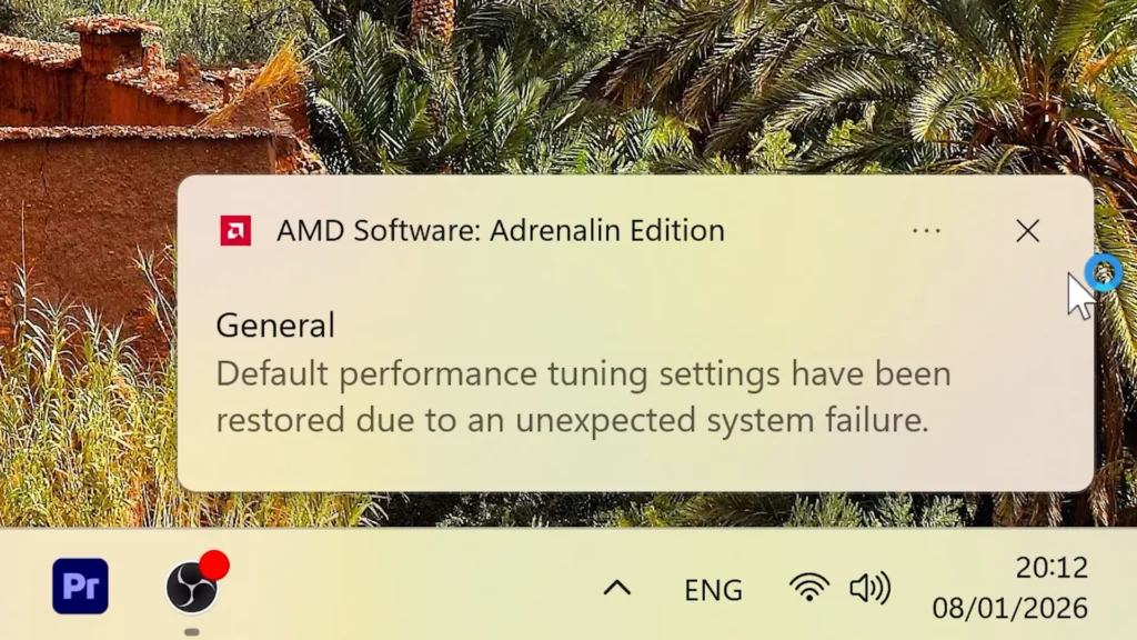 AMD Adrenalin notification showing performance tuning settings restored to default