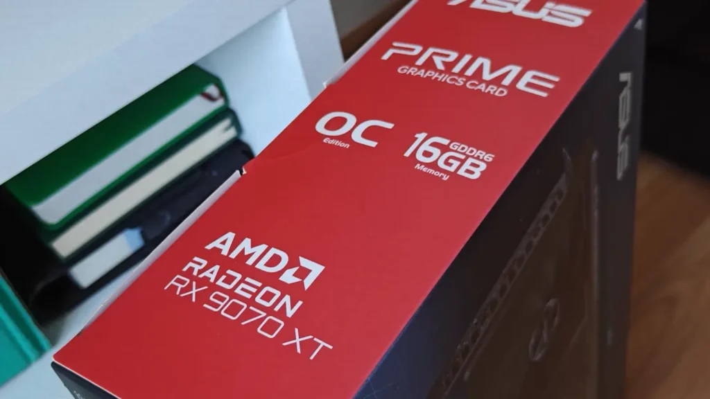 ASUS Prime Radeon RX 9070 XT OC Edition box showing 16 GB GDDR6 memory