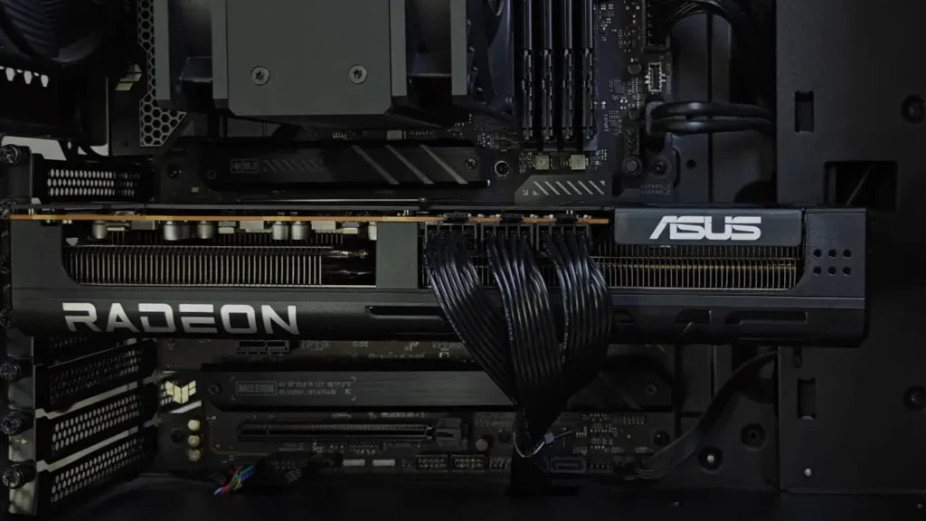Close-up of ASUS Prime Radeon RX 9070 XT installed inside a desktop PC